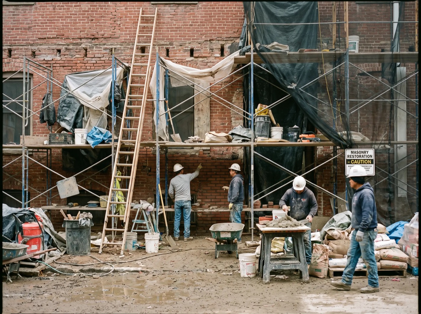 Masonry restoration crew on scaffolding, commercial-scale job