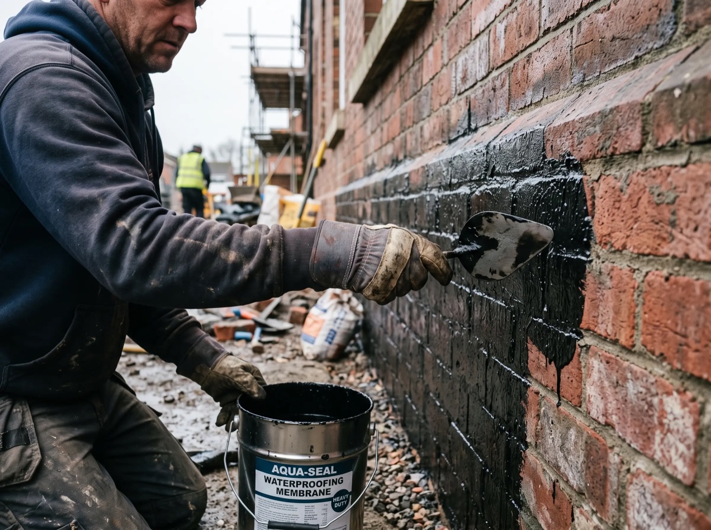 Waterproofing membrane applied to a brick wall